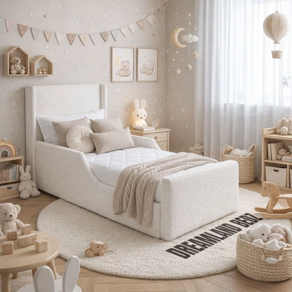 Olivia Wingback Kids Bed Teddy Boucle Cream Home Assemble Olivia Wingback Kids Bed Teddy Boucle Cream Home Assemble