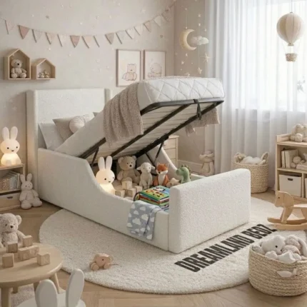 Olivia Wingback Kids Bed Teddy Boucle Cream Bed Gas Lift Storage