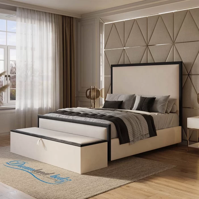 Washington Bed Frame With Black Plush And Cream Plush Fabric Side Angle View